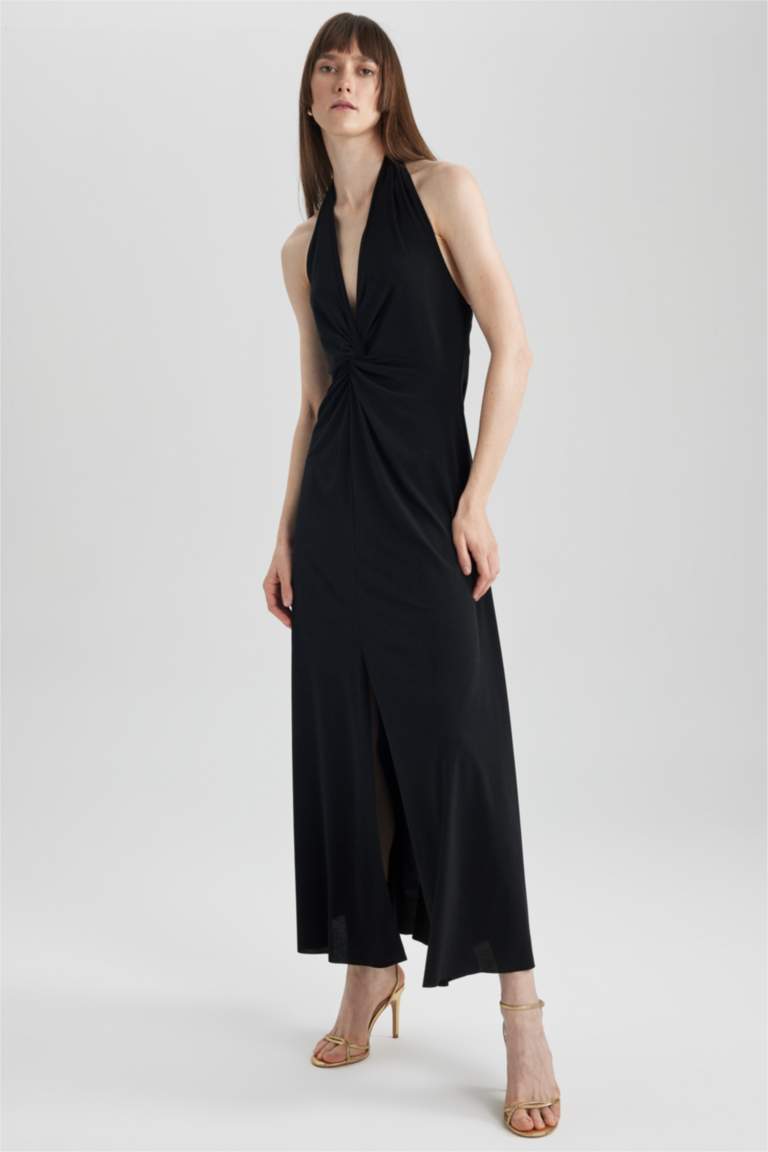 Evelisse | Black High-Neck Maxi Dress With Short-Cape Sleeves