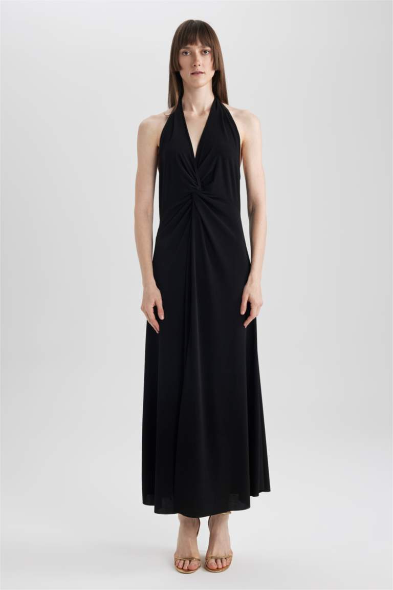 Robe de Soirée Noire Fourreau/Colonne à Col en V Sans Manches, Longueur Au Sol, avec Fente Haute