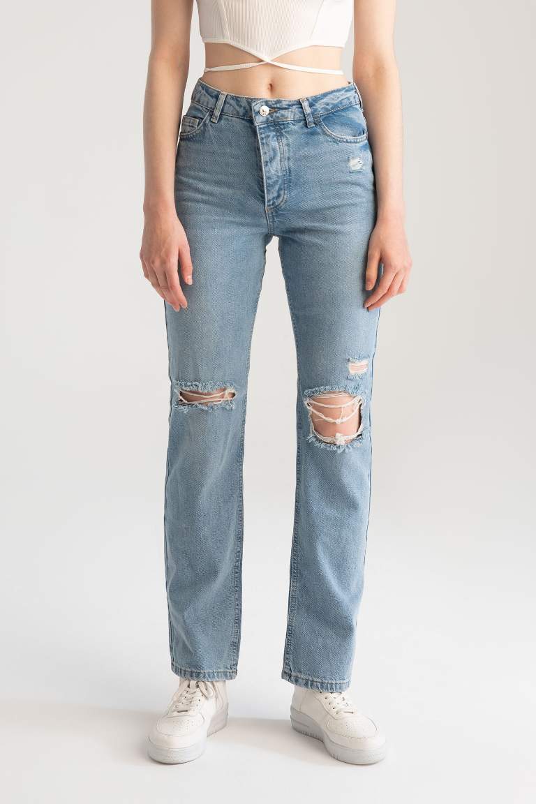 Boyfriend Düşük Bel Yırtık Detaylı Jean %100 Pamuk Pantolon