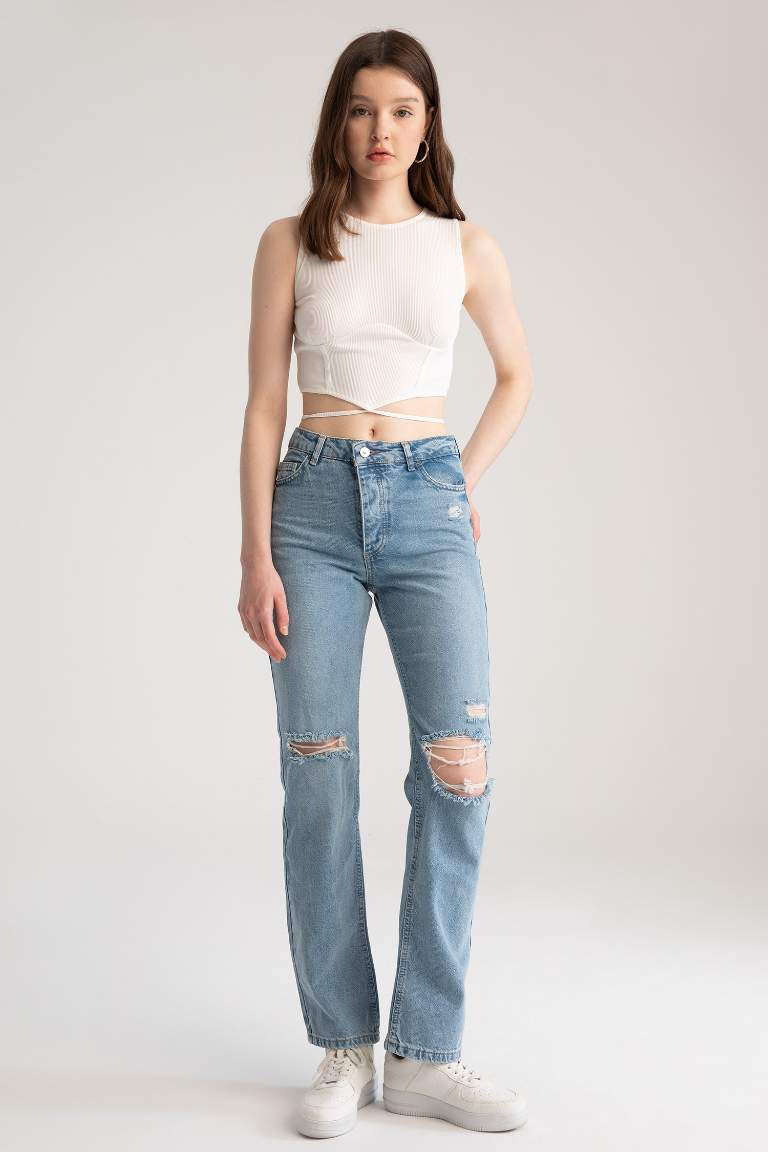 Boyfriend Düşük Bel Yırtık Detaylı Jean %100 Pamuk Pantolon