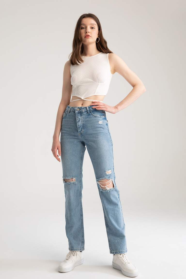 Boyfriend Düşük Bel Yırtık Detaylı Jean %100 Pamuk Pantolon