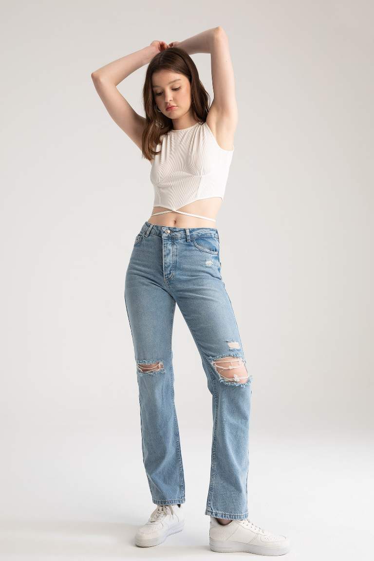 Boyfriend Düşük Bel Yırtık Detaylı Jean %100 Pamuk Pantolon