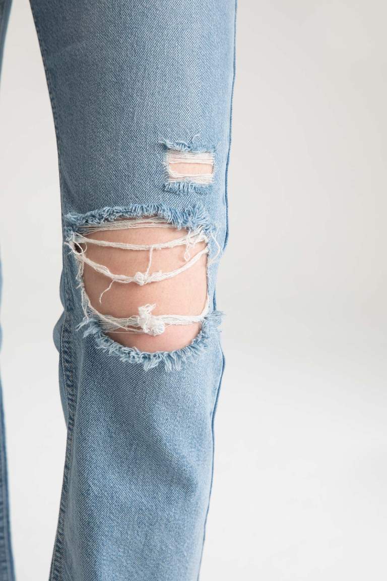 Boyfriend Düşük Bel Yırtık Detaylı Jean %100 Pamuk Pantolon