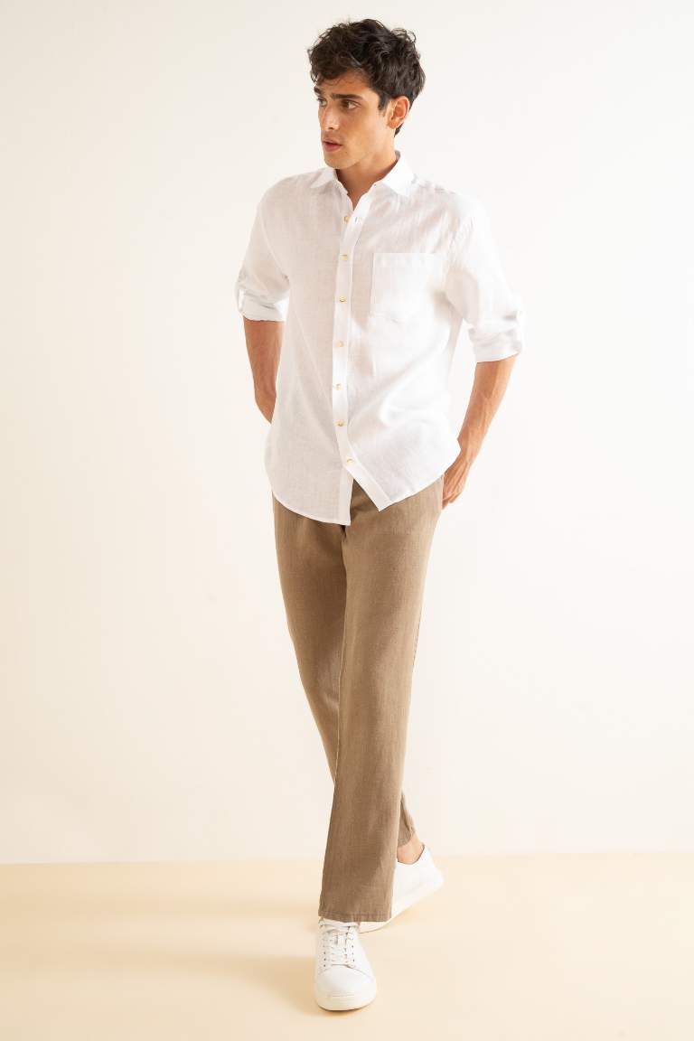%100 Keten Regular Fit Düz Paça Chino Pantolon