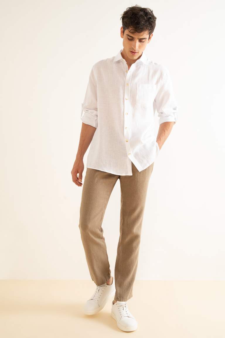 %100 Keten Regular Fit Düz Paça Chino Pantolon