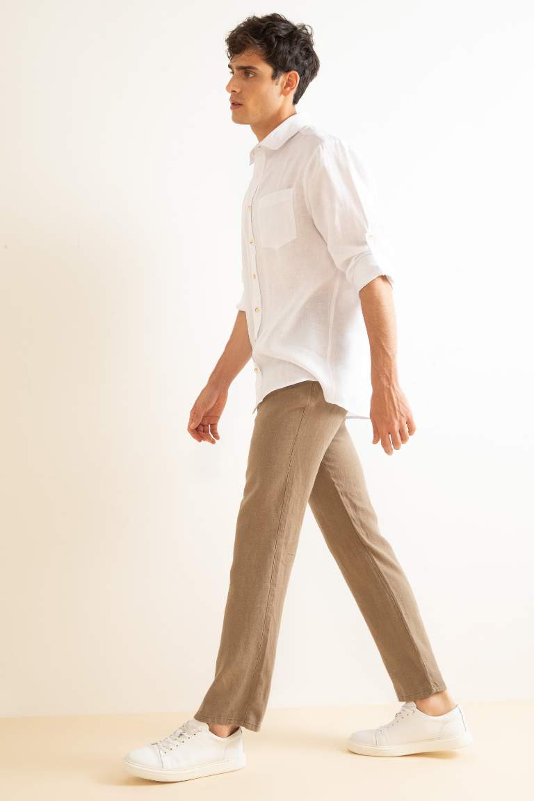 %100 Keten Regular Fit Düz Paça Chino Pantolon