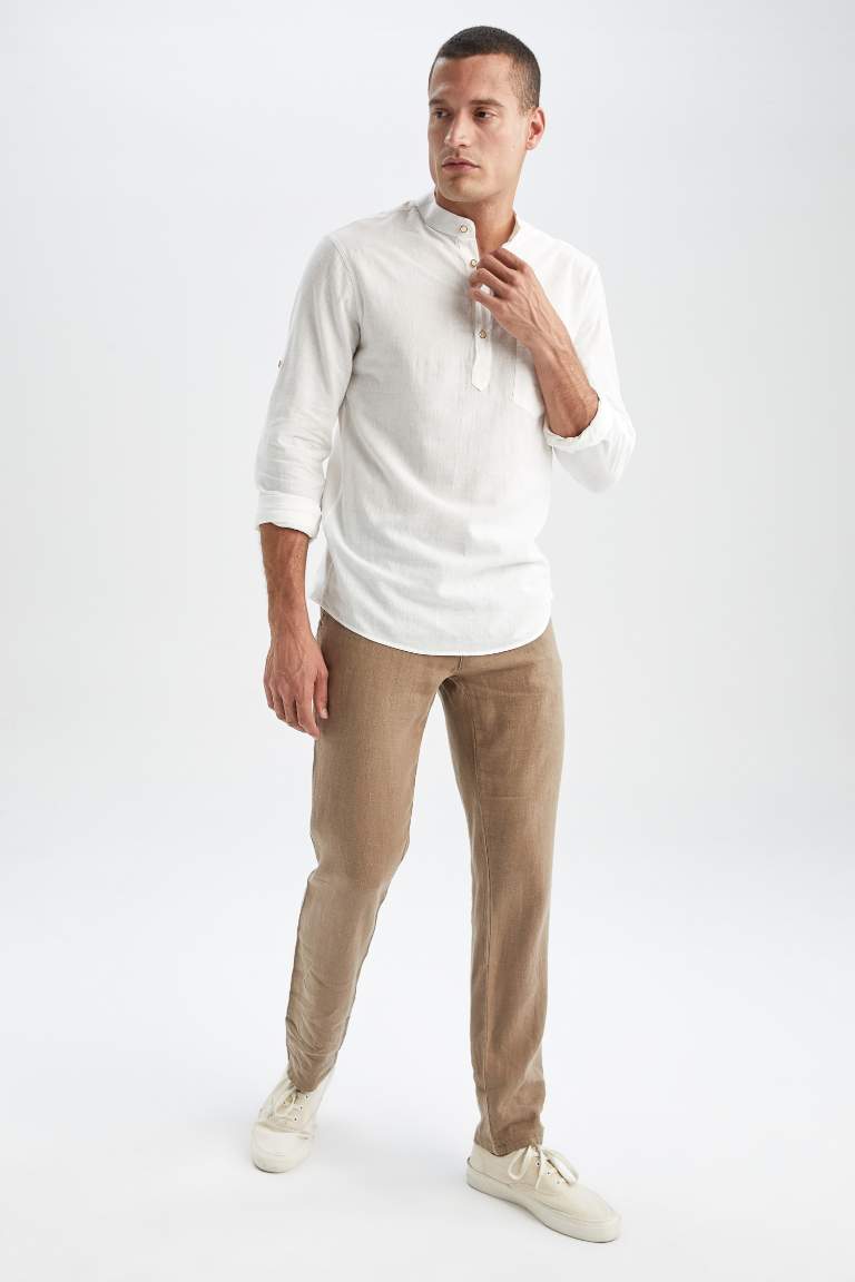 %100 Keten Regular Fit Düz Paça Chino Pantolon