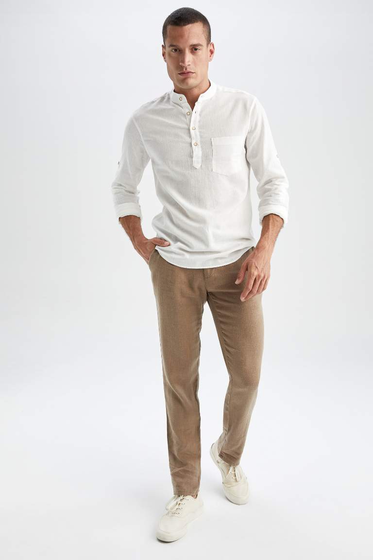 %100 Keten Regular Fit Düz Paça Chino Pantolon