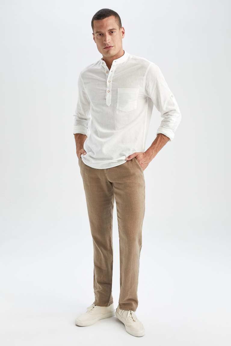%100 Keten Regular Fit Düz Paça Chino Pantolon