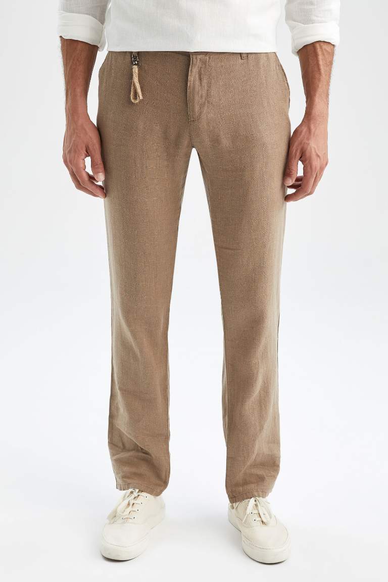 %100 Keten Regular Fit Düz Paça Chino Pantolon