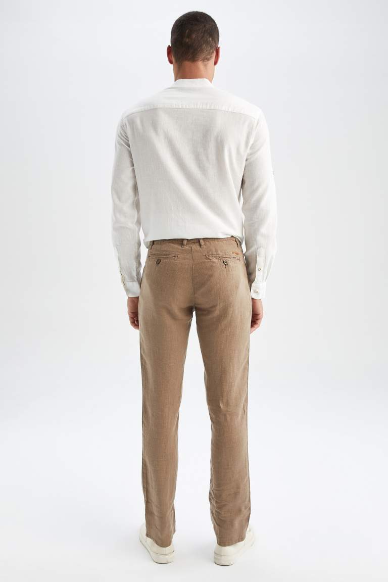 %100 Keten Regular Fit Düz Paça Chino Pantolon