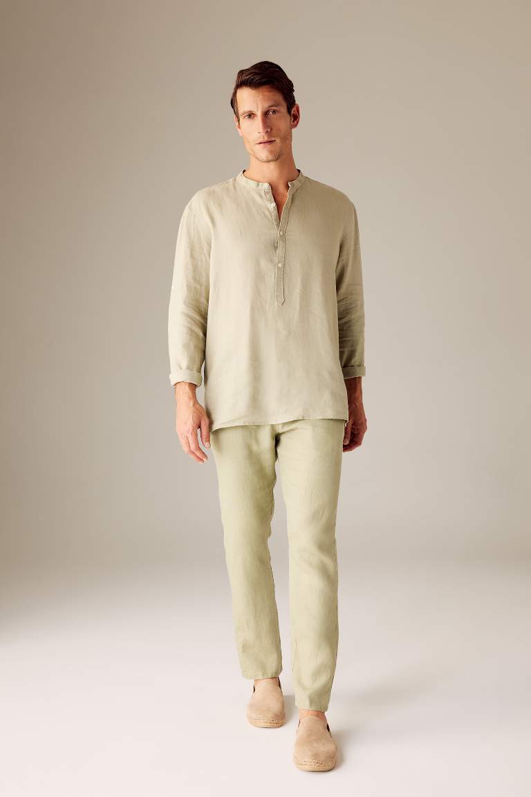 %100 Keten Regular Fit Düz Paça Chino Pantolon