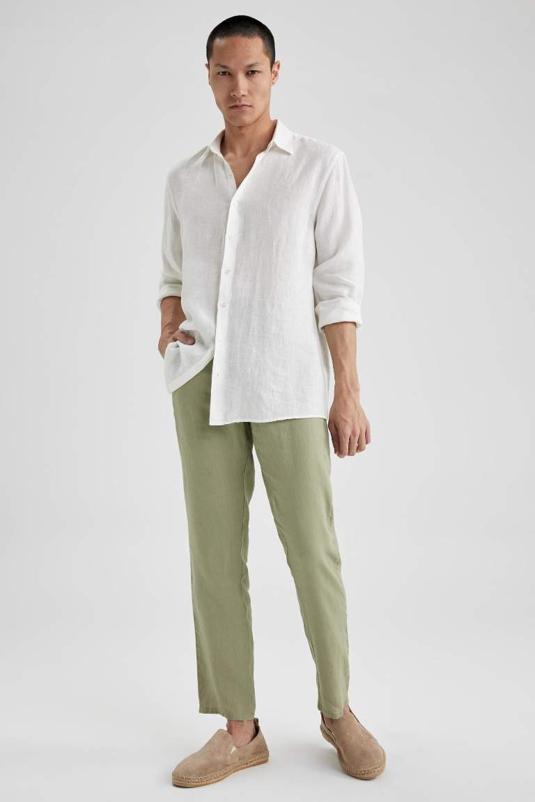 %100 Keten Regular Fit Düz Paça Chino Pantolon