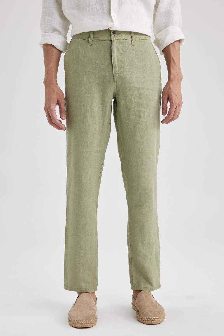 %100 Keten Regular Fit Düz Paça Chino Pantolon