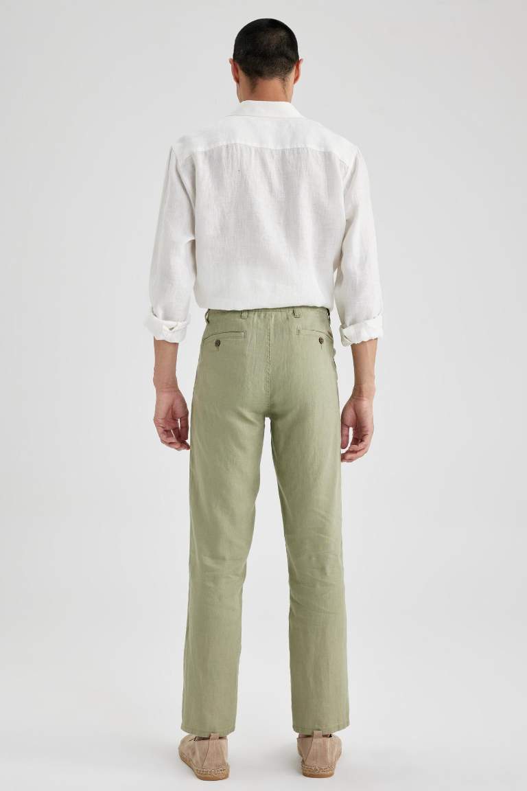 %100 Keten Regular Fit Düz Paça Chino Pantolon