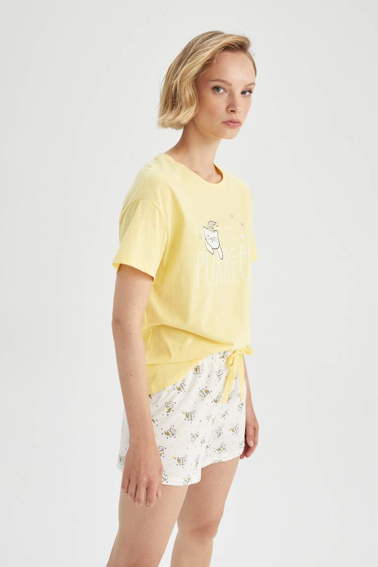 Fall in Love Regular Fit Bisiklet Yaka Kedi Baskılı Pamuklu Pijama Takım