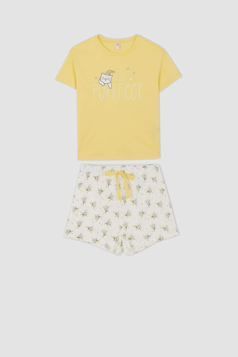 Fall in Love Regular Fit Bisiklet Yaka Kedi Baskılı Pamuklu Pijama Takım