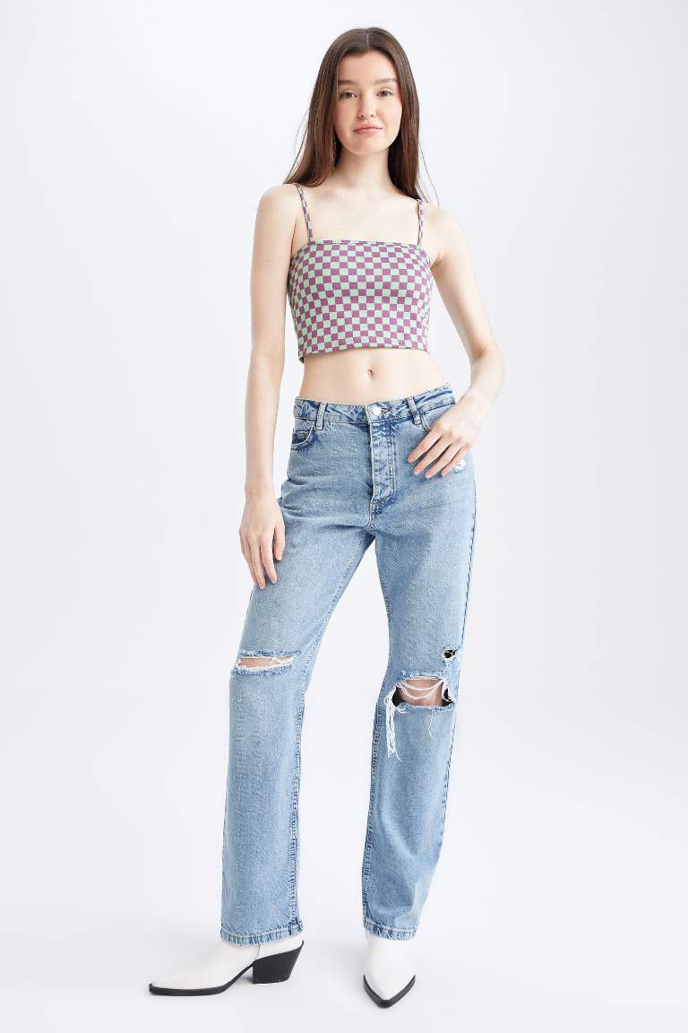 Fitted Square Collar Checkered Patterned Crop Top