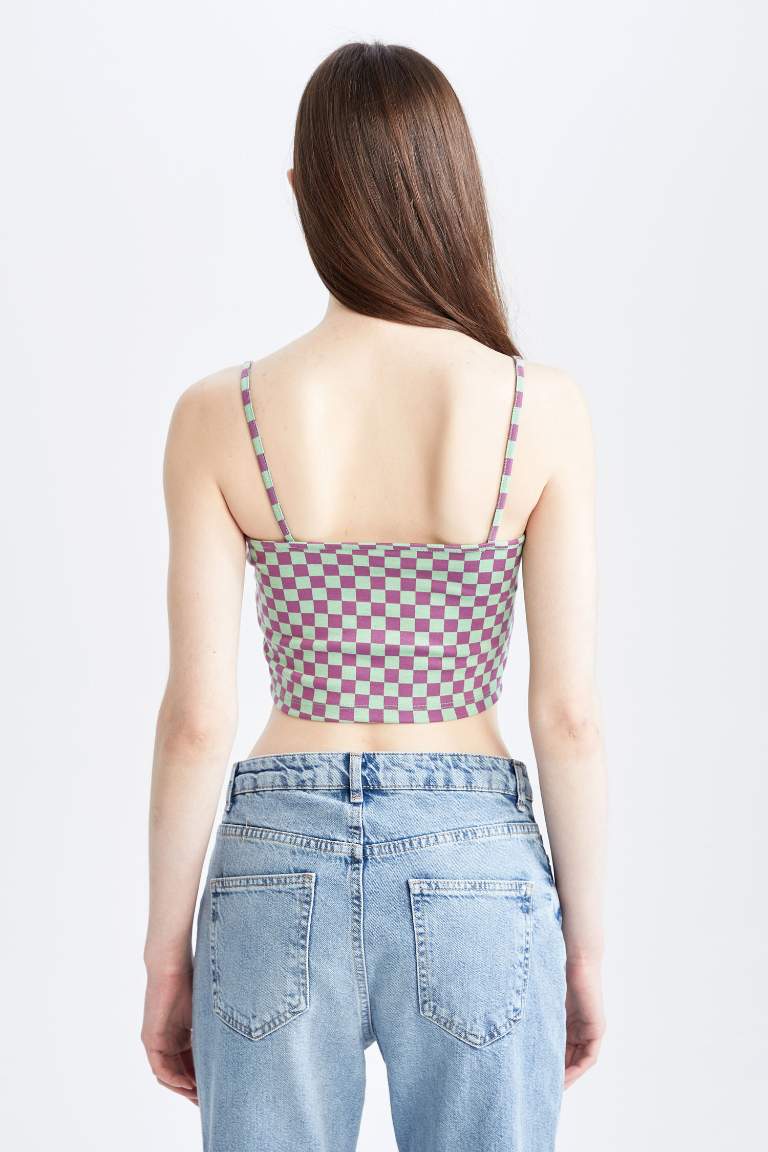 Fitted Square Collar Checkered Patterned Crop Top