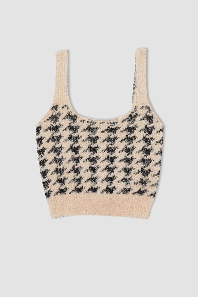 Slim Fit Kare Yaka Dama Desenli Crop Atlet