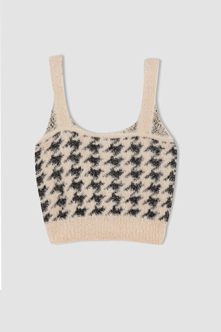Slim Fit Kare Yaka Dama Desenli Crop Atlet