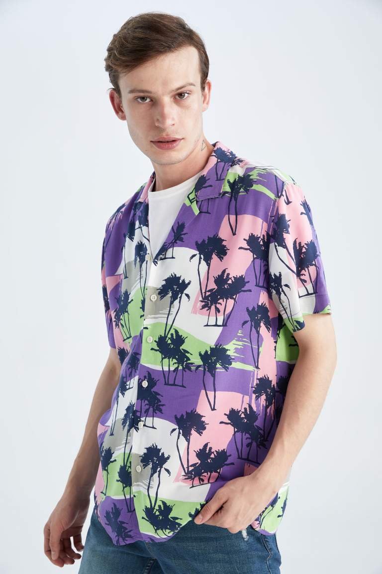 Regular Fit Apache Neck Viscose Printed Short Sleeve Shirt