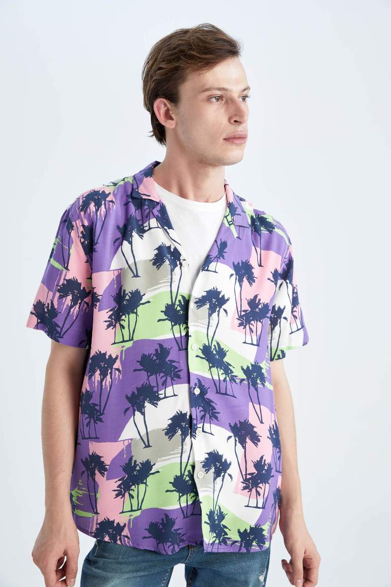 Regular Fit Apache Neck Viscose Printed Short Sleeve Shirt