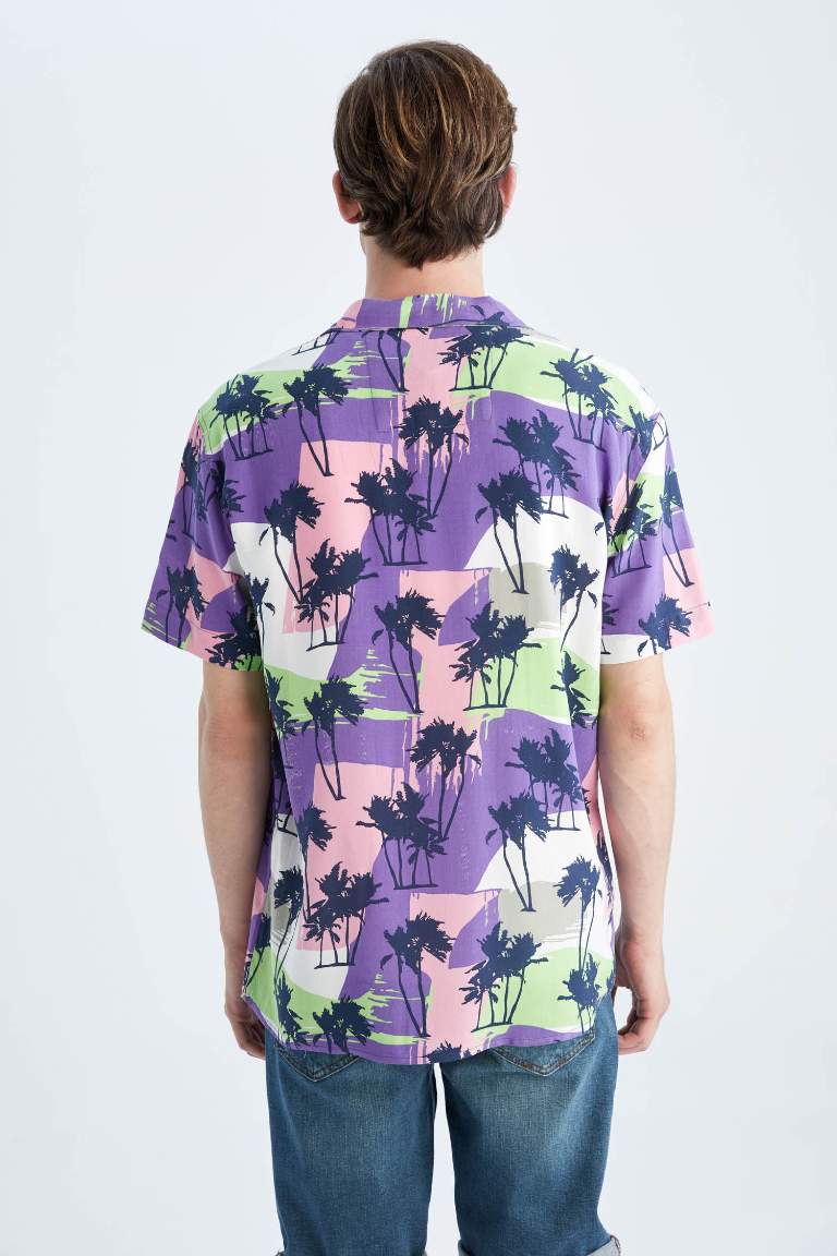 Regular Fit Apache Neck Viscose Printed Short Sleeve Shirt