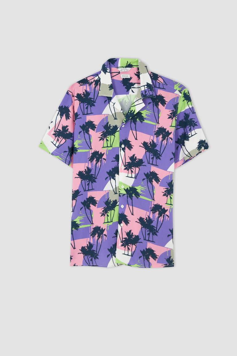 Regular Fit Apache Neck Viscose Printed Short Sleeve Shirt