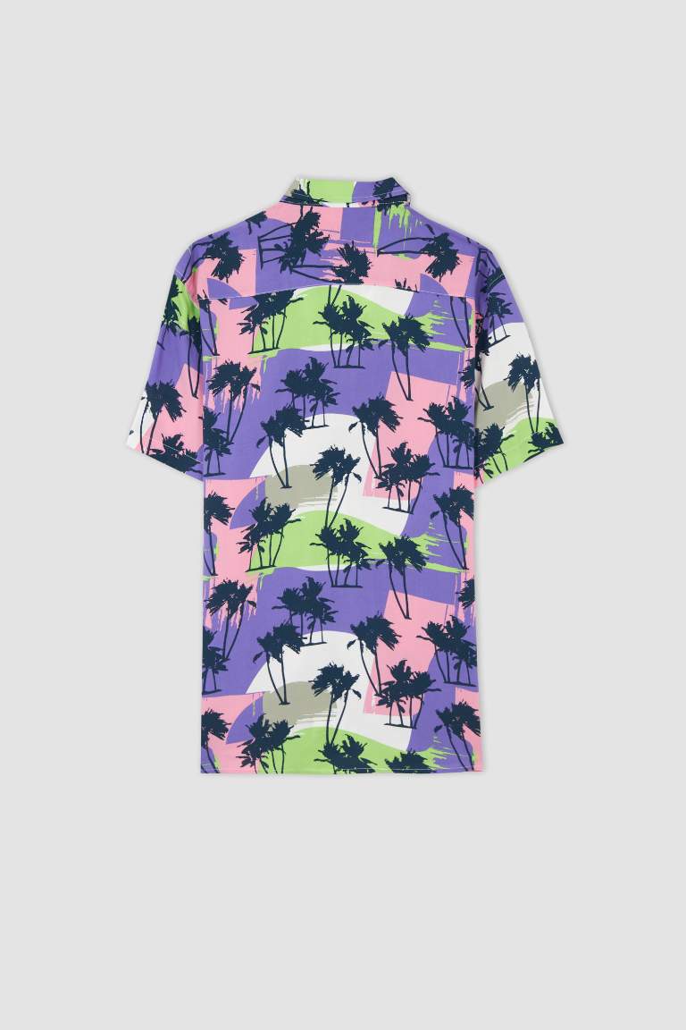 Regular Fit Apache Neck Viscose Printed Short Sleeve Shirt