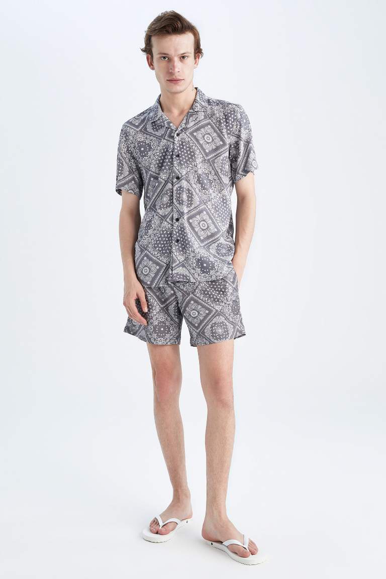 Regular Fit Apache Neck Viscose Printed Short Sleeve Shirt