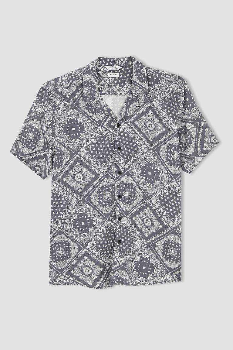 Regular Fit Apache Neck Viscose Printed Short Sleeve Shirt