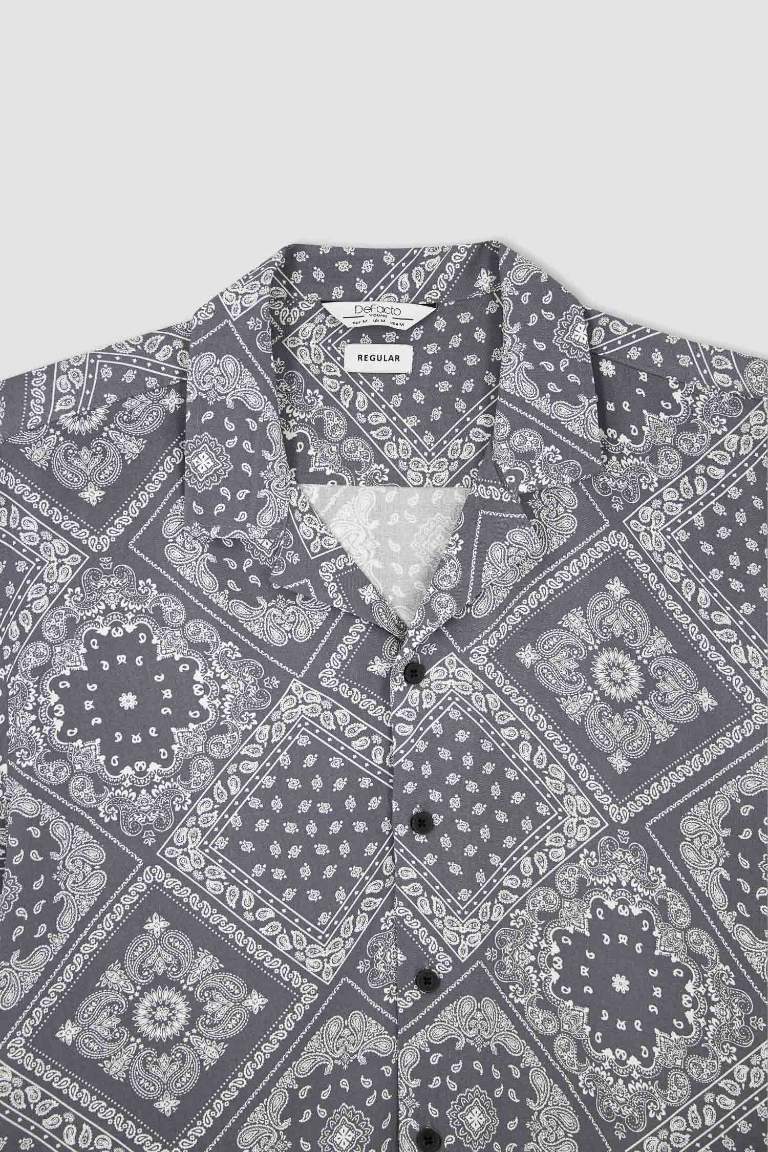 Regular Fit Apache Neck Viscose Printed Short Sleeve Shirt