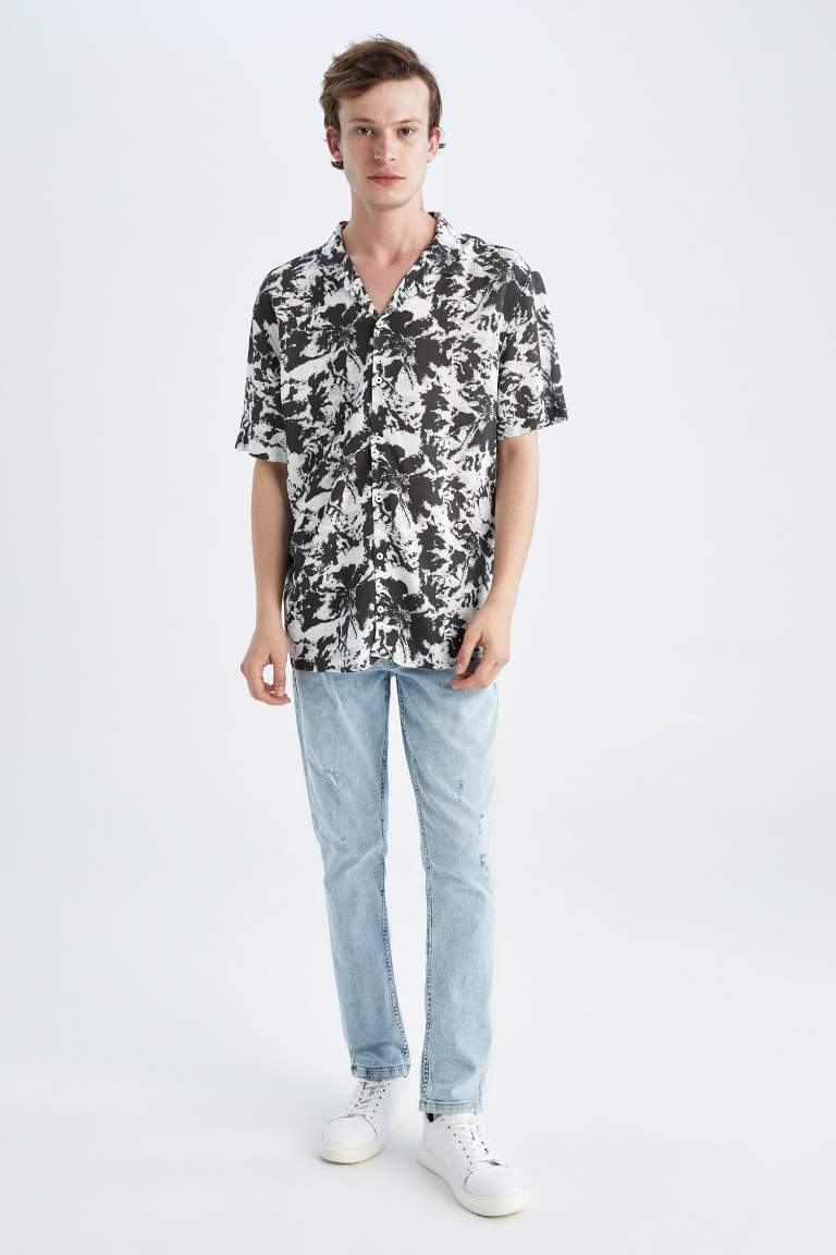 Regular Fit Short Sleeve Palm Print Viscose Shirt