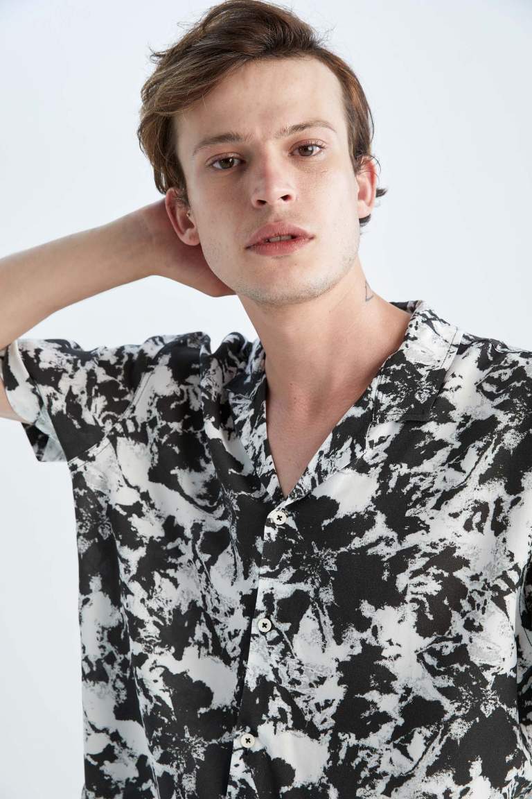 Regular Fit Short Sleeve Palm Print Viscose Shirt