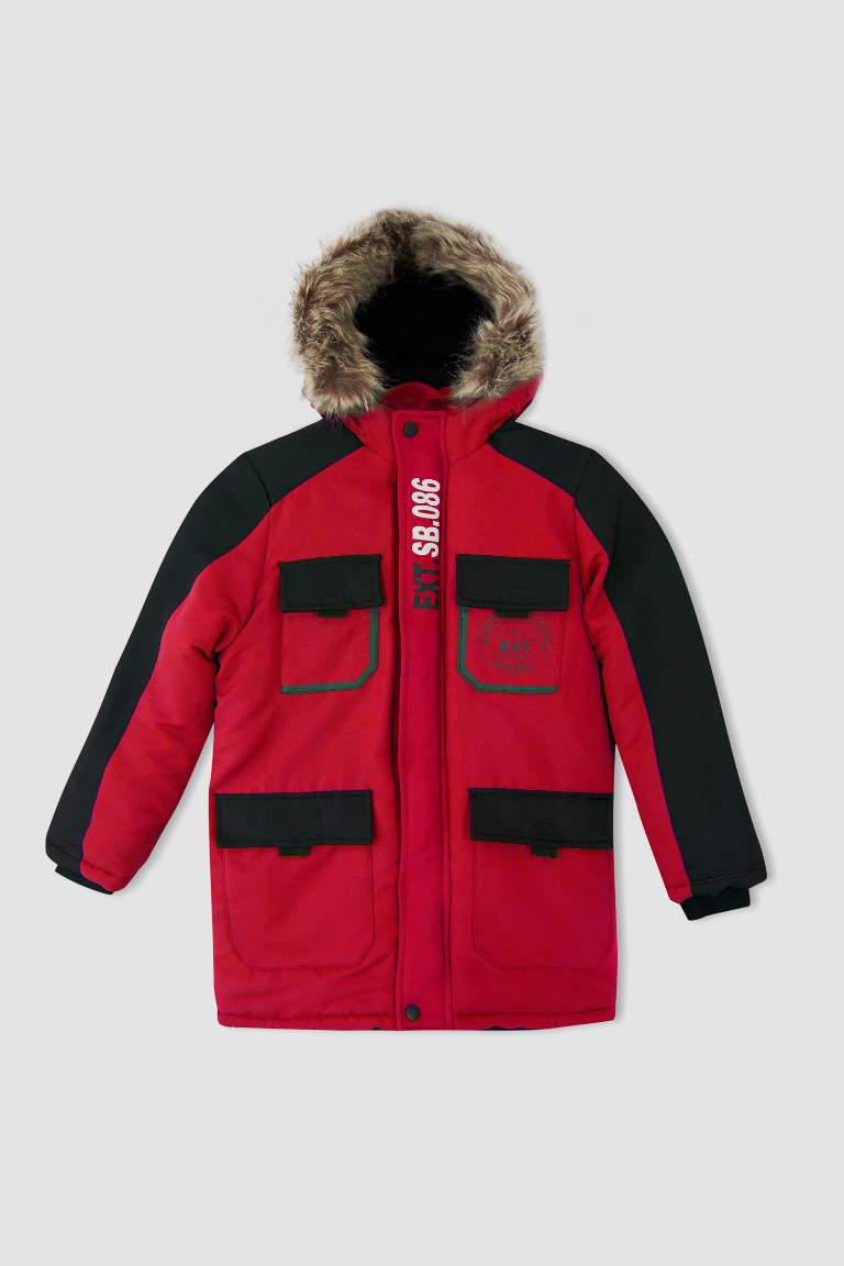 Erkek Çocuk Polar Astarlı Kapüşonlu Suni Kürklü Mont