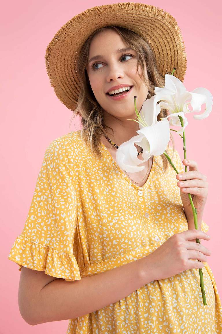 Regular Fit V Neck Floral Patterned Short Sleeve Maternity Dress