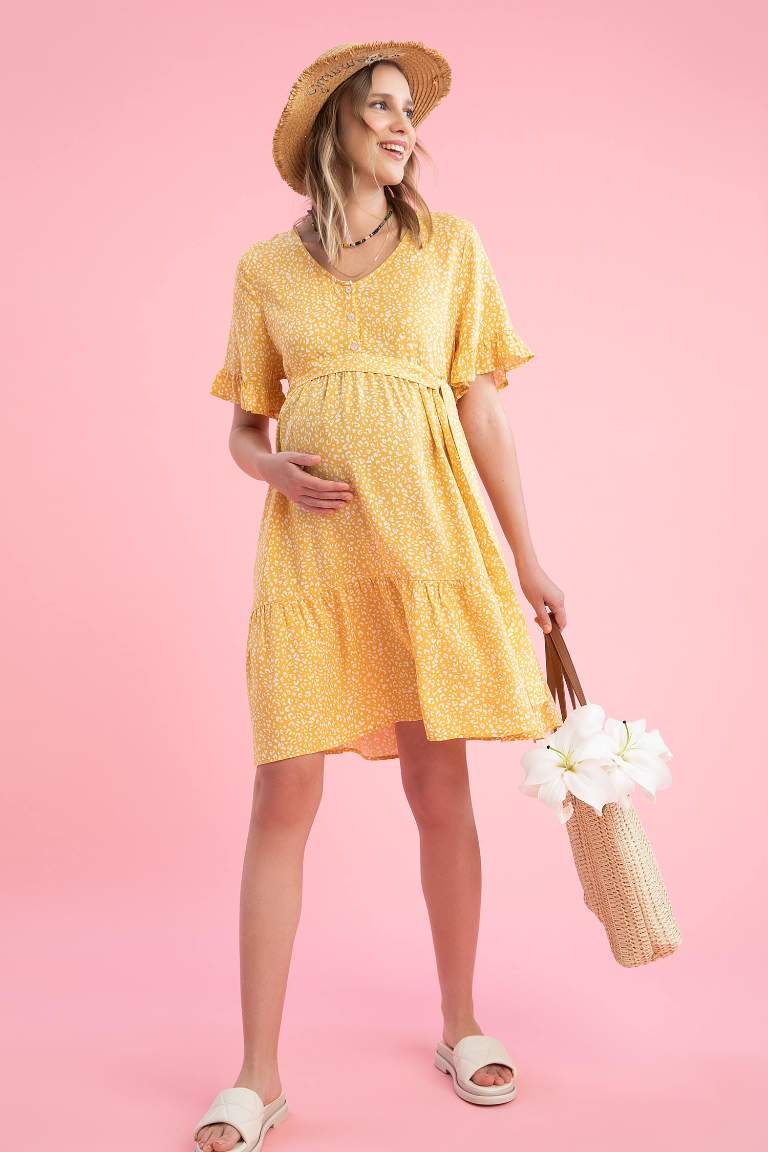 Regular Fit V Neck Floral Patterned Short Sleeve Maternity Dress