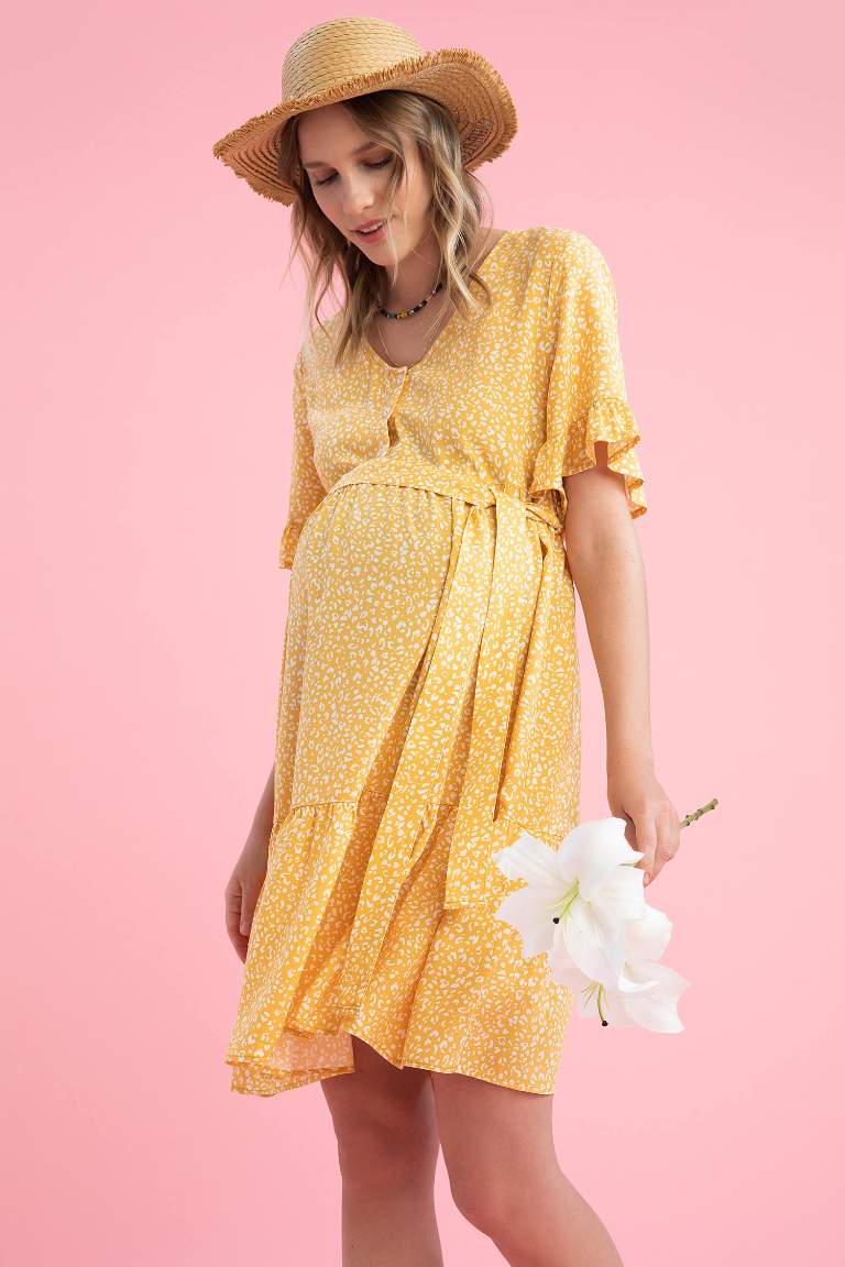 Regular Fit V Neck Floral Patterned Short Sleeve Maternity Dress