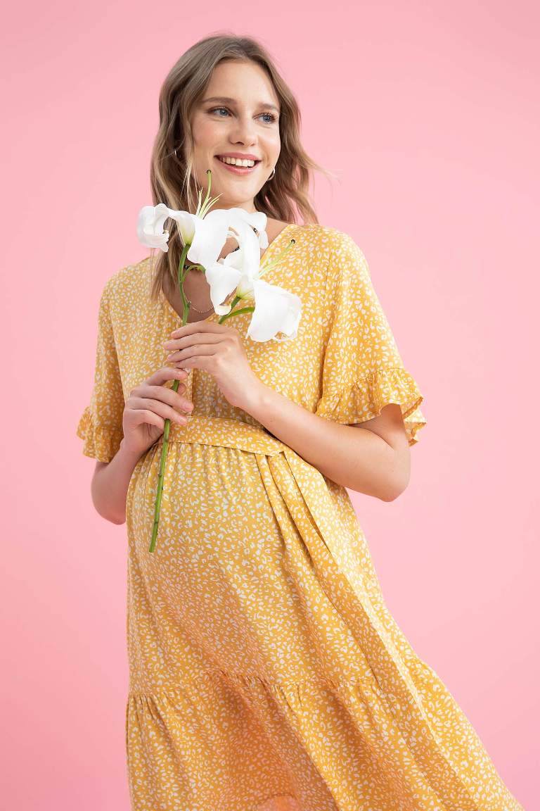 Regular Fit V Neck Floral Patterned Short Sleeve Maternity Dress