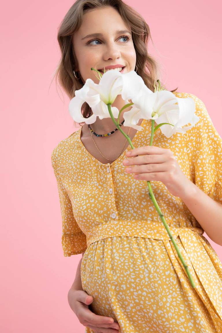Regular Fit V Neck Floral Patterned Short Sleeve Maternity Dress