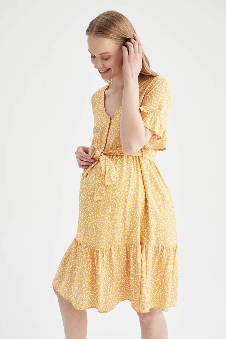 Regular Fit V Neck Floral Patterned Short Sleeve Maternity Dress