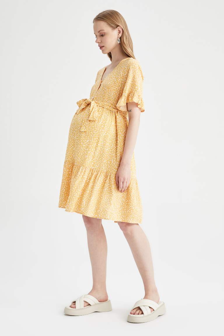 Regular Fit V Neck Floral Patterned Short Sleeve Maternity Dress