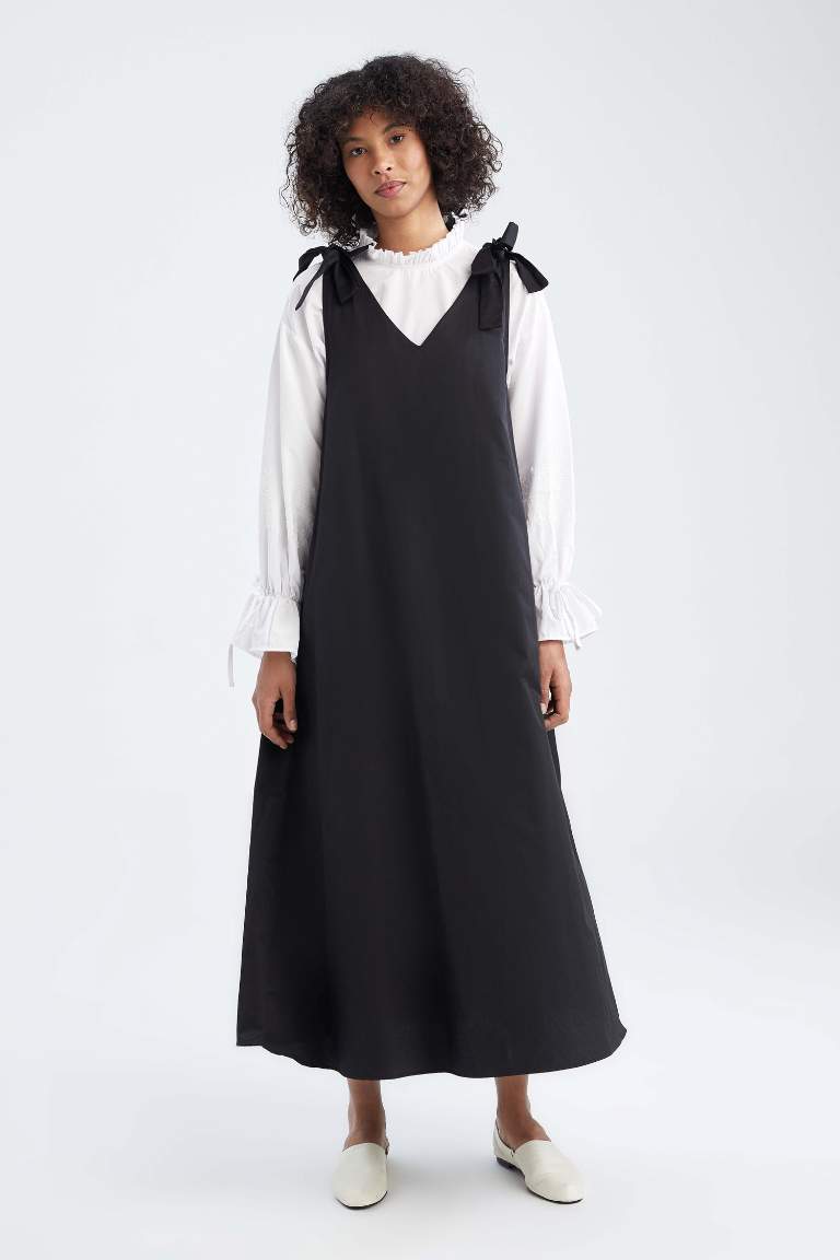 Regular Fit V Yaka Basic Maxi Jile Elbise ve Gömlek Takımı
