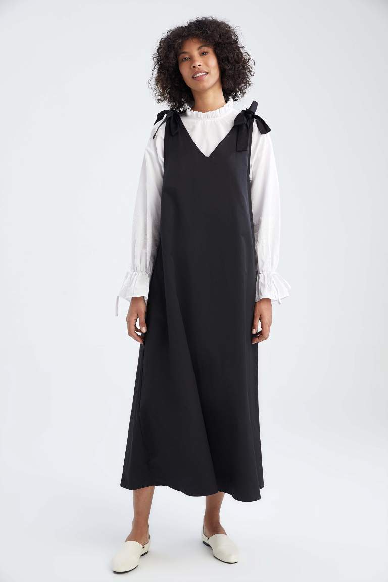 Regular Fit V Yaka Basic Maxi Jile Elbise ve Gömlek Takımı