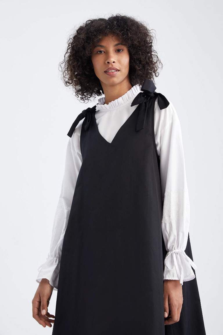 Regular Fit V Yaka Basic Maxi Jile Elbise ve Gömlek Takımı