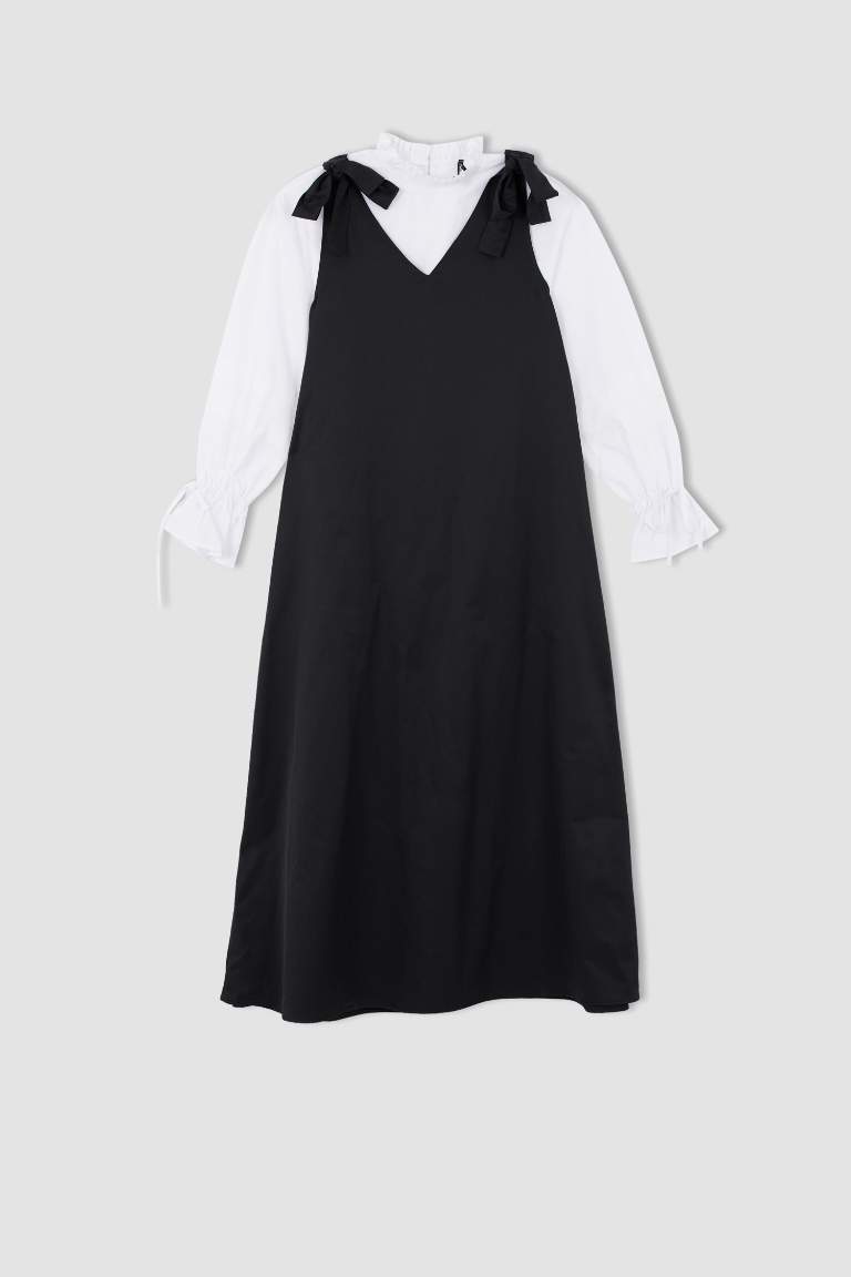 Regular Fit V Yaka Basic Maxi Jile Elbise ve Gömlek Takımı
