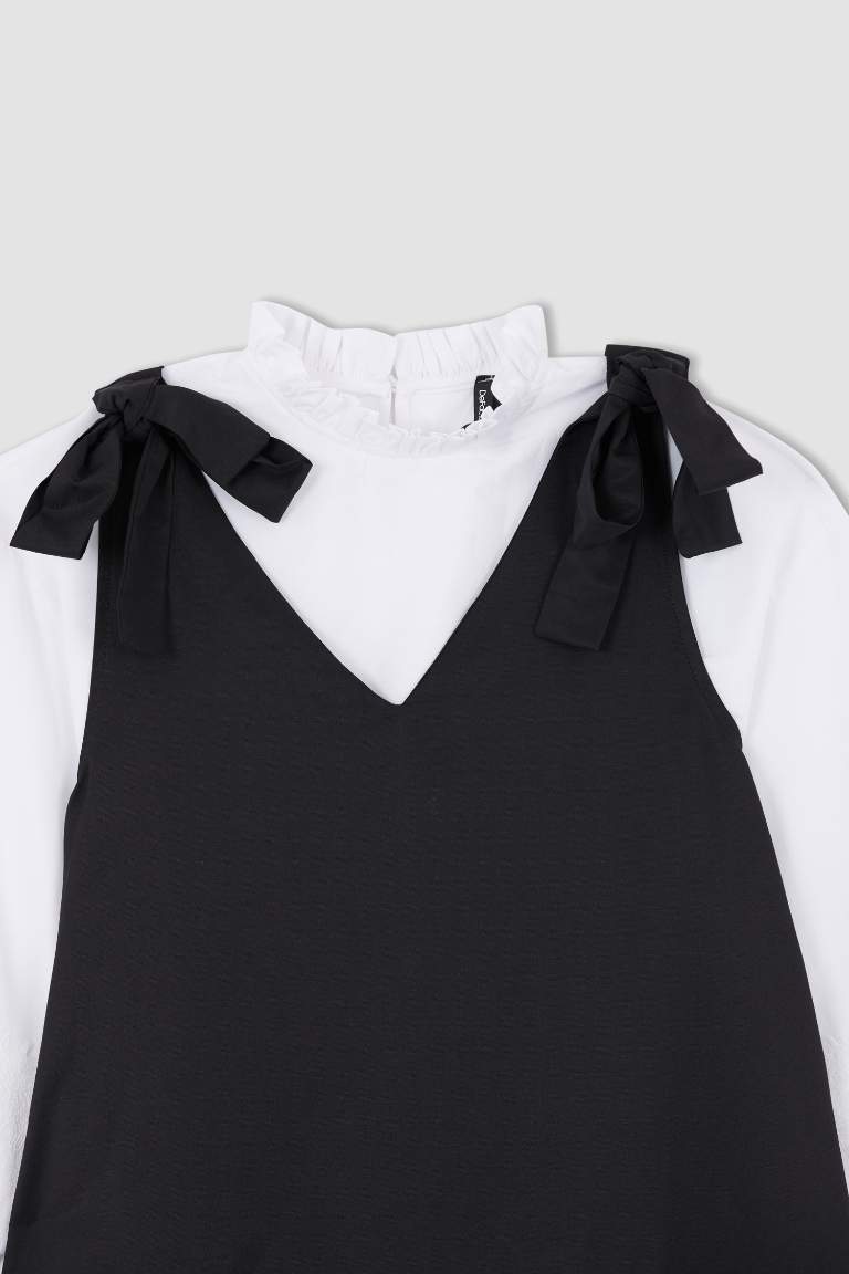 Regular Fit V Yaka Basic Maxi Jile Elbise ve Gömlek Takımı