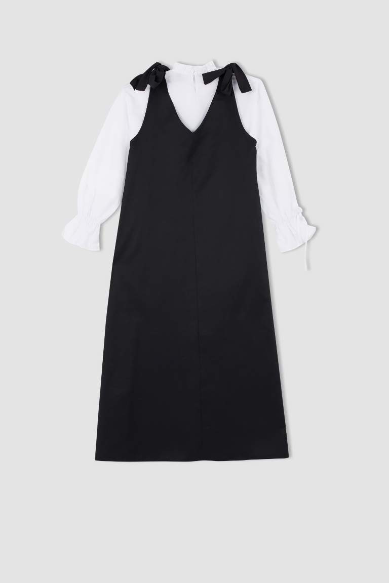 Regular Fit V Yaka Basic Maxi Jile Elbise ve Gömlek Takımı