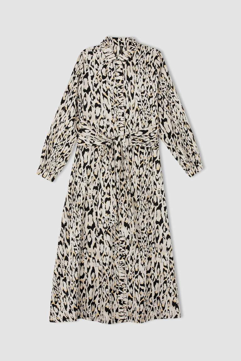 Regular Fit Leopar Desenli Saten Uzun Kollu Maxi Elbise